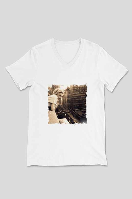 Marilyn Monroe Baskılı V Yaka Unisex Beyaz Tişört