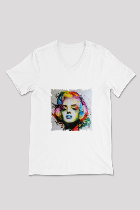 Marilyn Monroe Baskılı V Yaka Unisex Beyaz Tişört