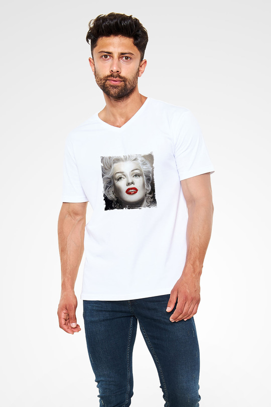 Marilyn Monroe Baskılı V Yaka Unisex Beyaz Tişört