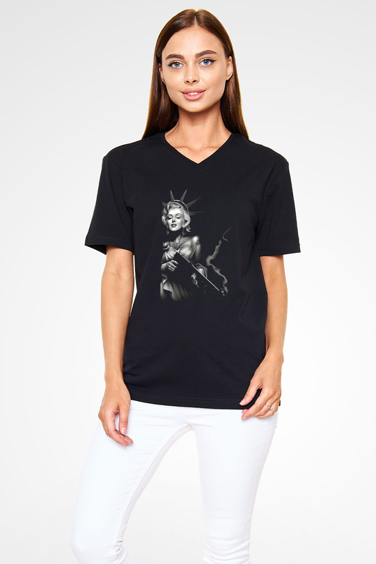 Marilyn Monroe Siyah Unisex V Yaka Tişört T-Shirt