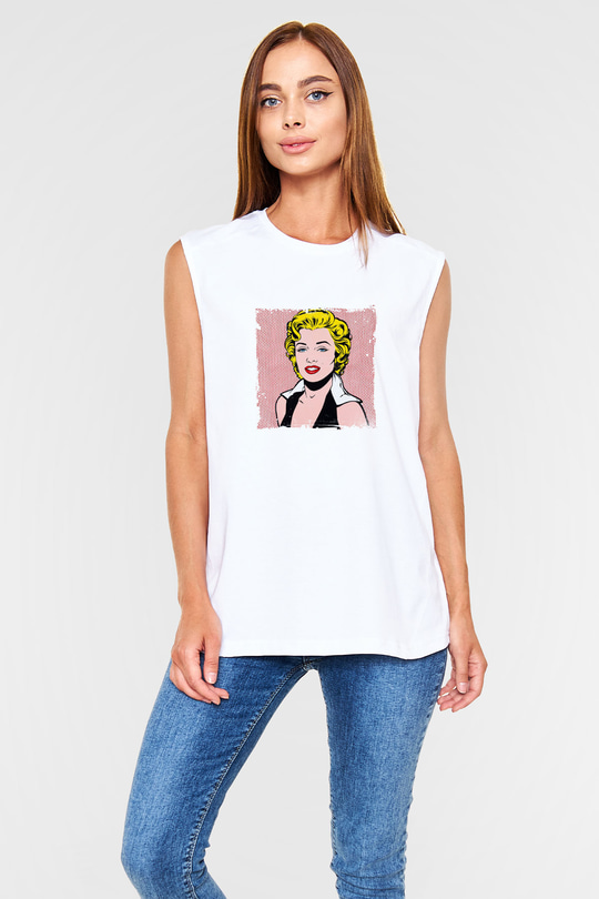 Marilyn Monroe Unisex Baskılı Beyaz Kolsuz Tişört