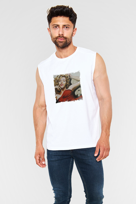 Marilyn Monroe Unisex Baskılı Beyaz Kolsuz Tişört