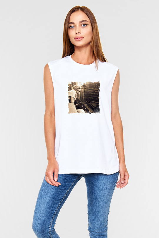 Marilyn Monroe Unisex Baskılı Beyaz Kolsuz Tişört