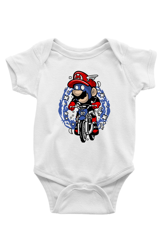 Mario Biker Baskılı Beyaz Unisex Bebek Body - Zıbın