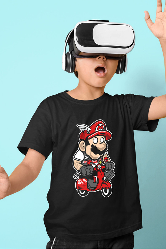 Mario Scooter Baskılı Siyah Çocuk Unisex Tişört