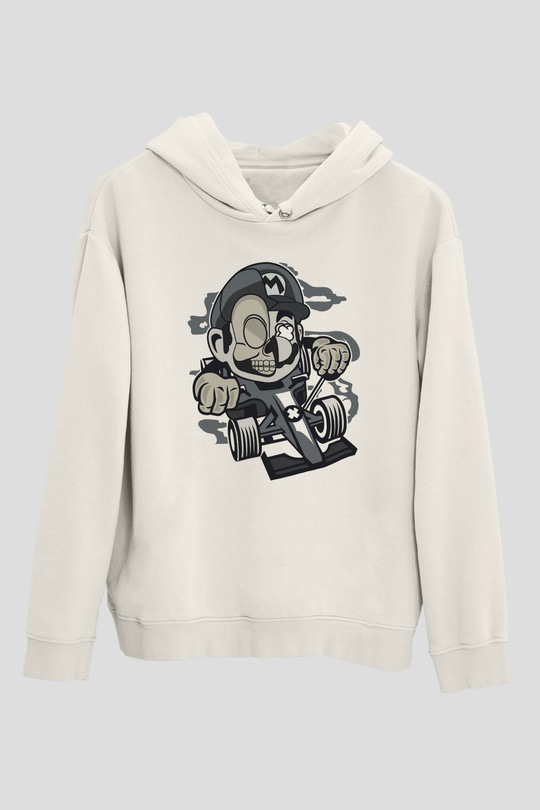 Mario Skull Karting Racer Baskılı Beyaz Unisex Hoodie