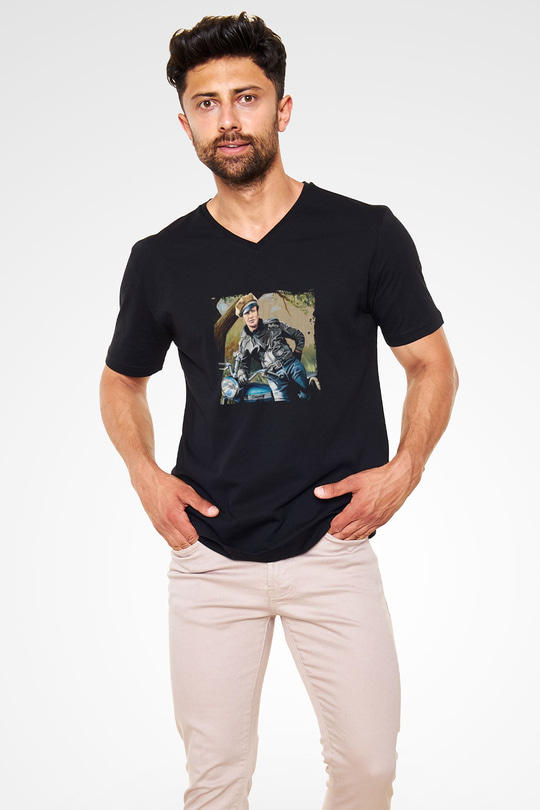 Marlon Brando Baskılı Unisex Siyah V Yaka Tişört