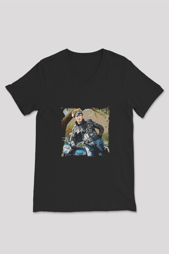 Marlon Brando Baskılı Unisex Siyah V Yaka Tişört