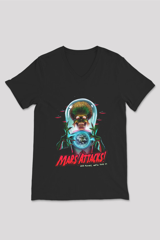 Mars Attacks Siyah Unisex V Yaka Tişört