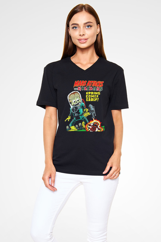 Mars Attacks Siyah Unisex V Yaka Tişört