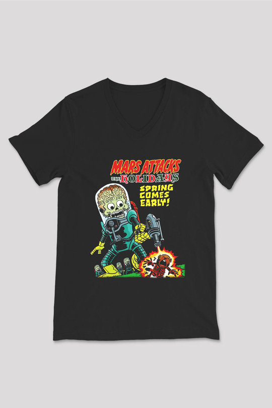 Mars Attacks Siyah Unisex V Yaka Tişört