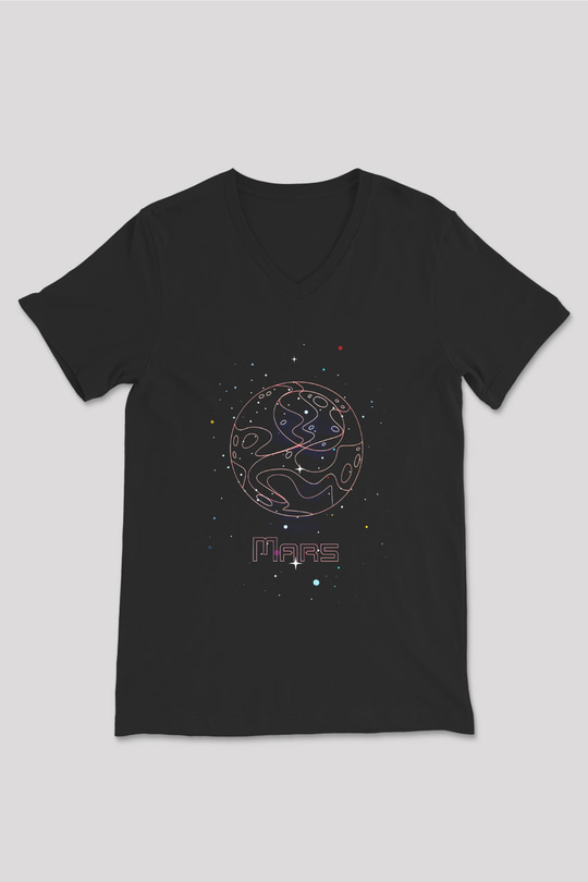 Mars Çizim Baskılı Unisex V Yaka Siyah Tİşört - Tshirt