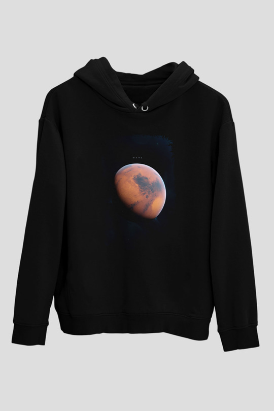 Mars Fotoğraf Baskılı Unisex Siyah Kapüşonlu Sweatshirt
