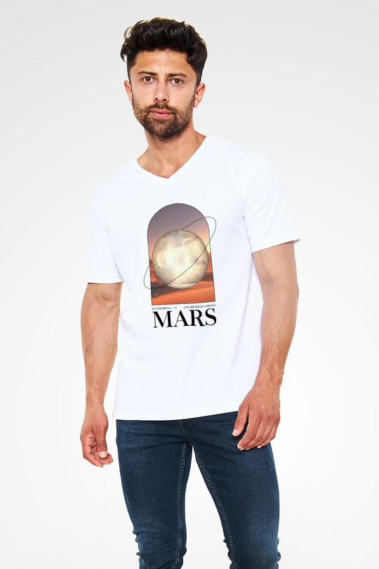 Mars Gezegeni Baskılı Unisex V Yaka Beyaz Tişört - Tshirt