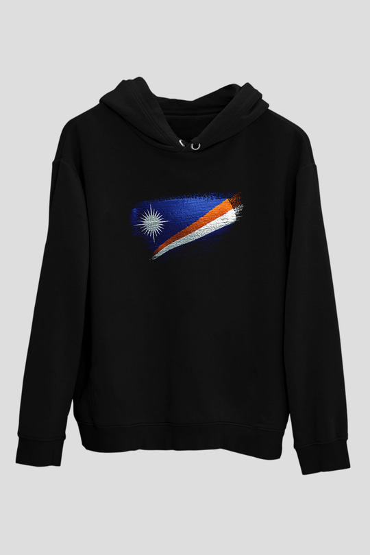 Marshall Adaları - Marshall İslands Bayrağı Baskılı Unisex Siyah Kapüşonlu Sweatshirt