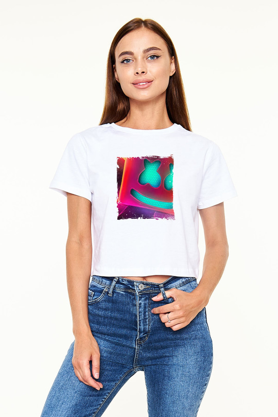 Marshmello Baskılı Beyaz Kadın Crop Top Tişört