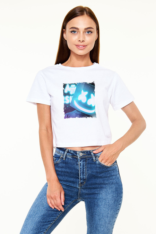 Marshmello Baskılı Beyaz Kadın Crop Top Tişört