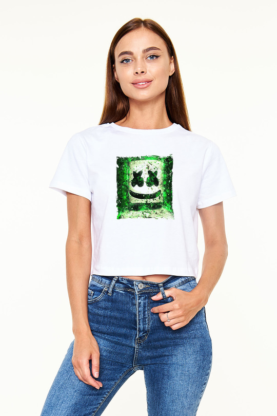 Marshmello Baskılı Beyaz Kadın Crop Top Tişört