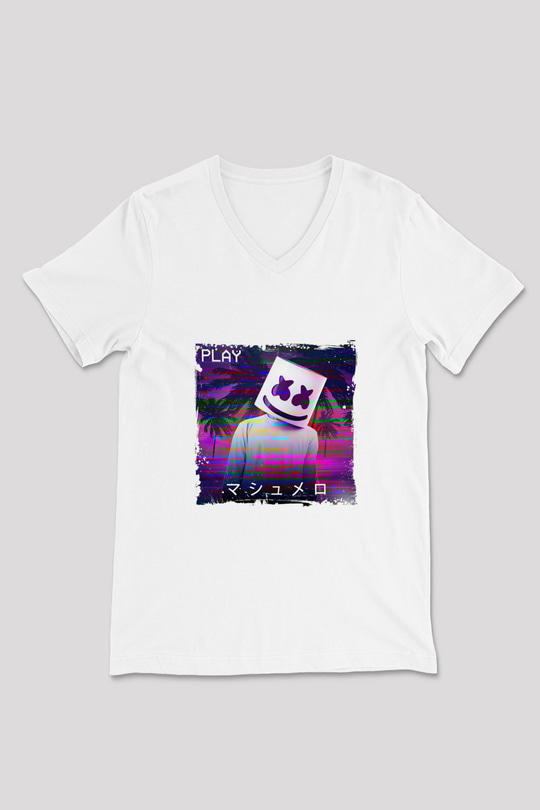 Marshmello Baskılı Beyaz V Yaka Unisex Tişört