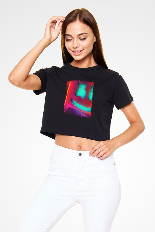 Marshmello Baskılı Crop Top Siyah Kadın Tişört