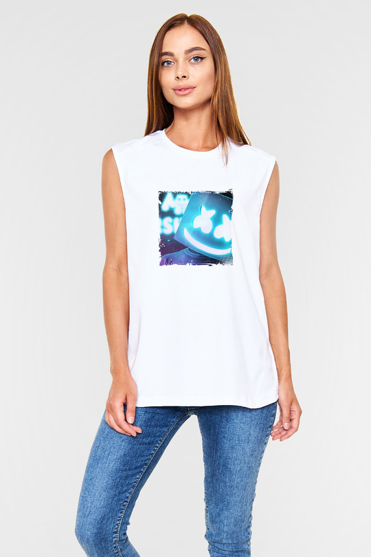 MarshmelloBaskılı Beyaz Kolsuz Tişört
