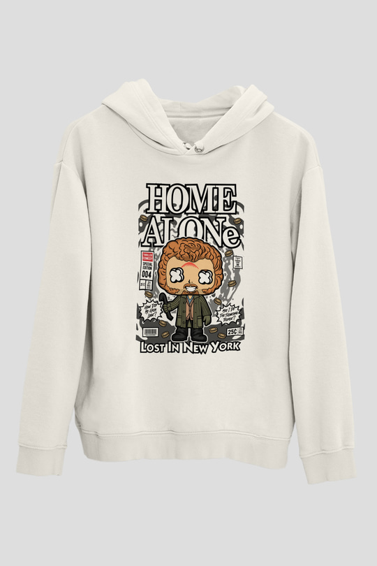 Marv Evde Tek Başına Baskılı Unisex Beyaz Hoodie