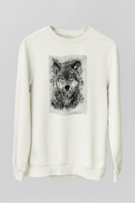 Mavi Gözlü Kurt Baskılı Unisex Beyaz  Sweatshirt