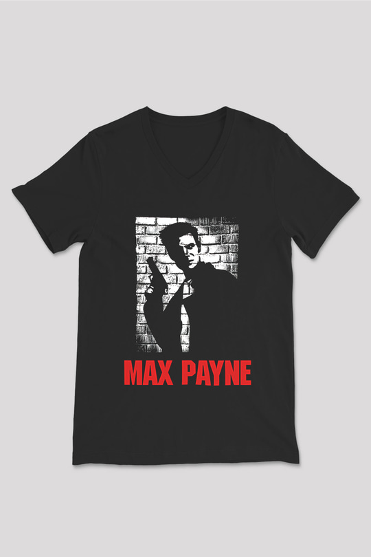 Max Payne Baskılı Unisex Siyah V Yaka Tişört - Tshirt