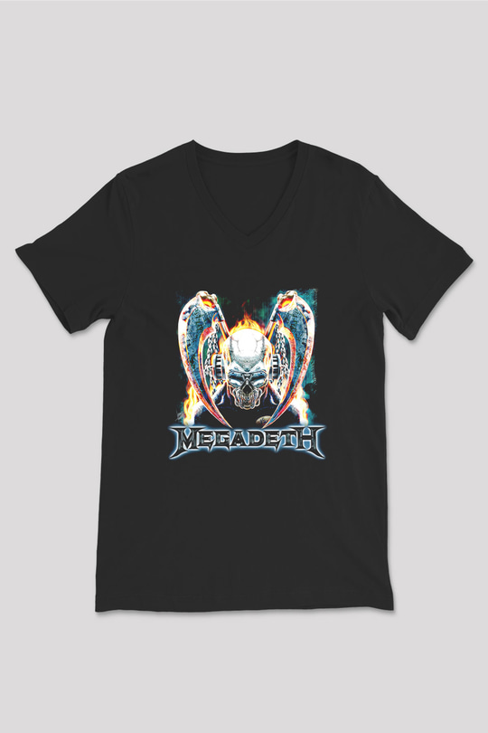 Megadeth Baskılı Unisex Siyah V Yaka Tişört - Tshirt