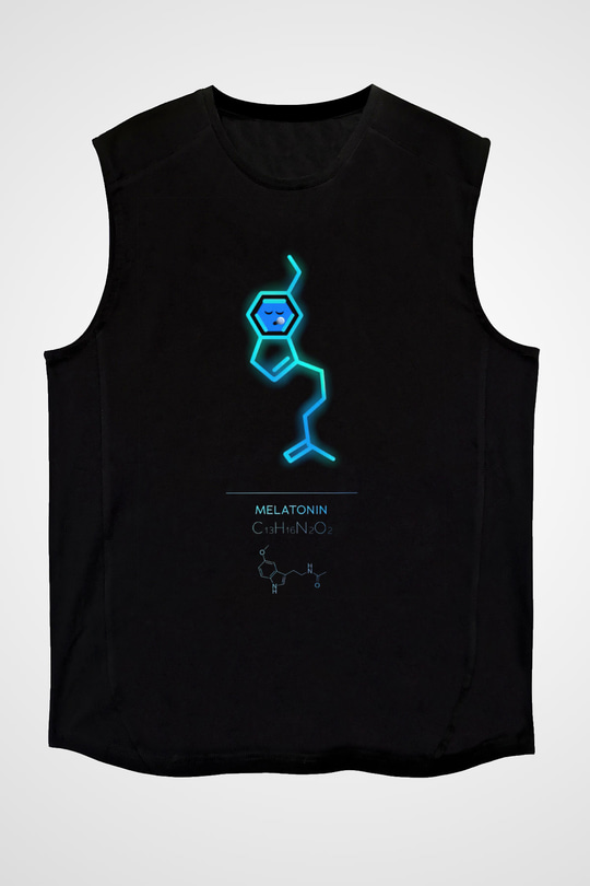 Melatonin Molekülü Baskılı Unisex Kolsuz Siyah Tişört - Tshirt