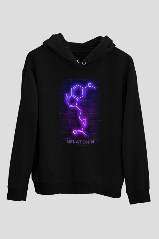 Melatonin Molekülü Neon Baskılı Unisex Siyah Kapüşonlu Sweatshirt