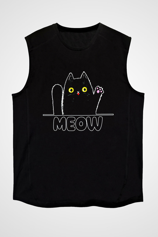 Meow Kedi Baskılı Unisex Siyah  Kolsuz Tişört