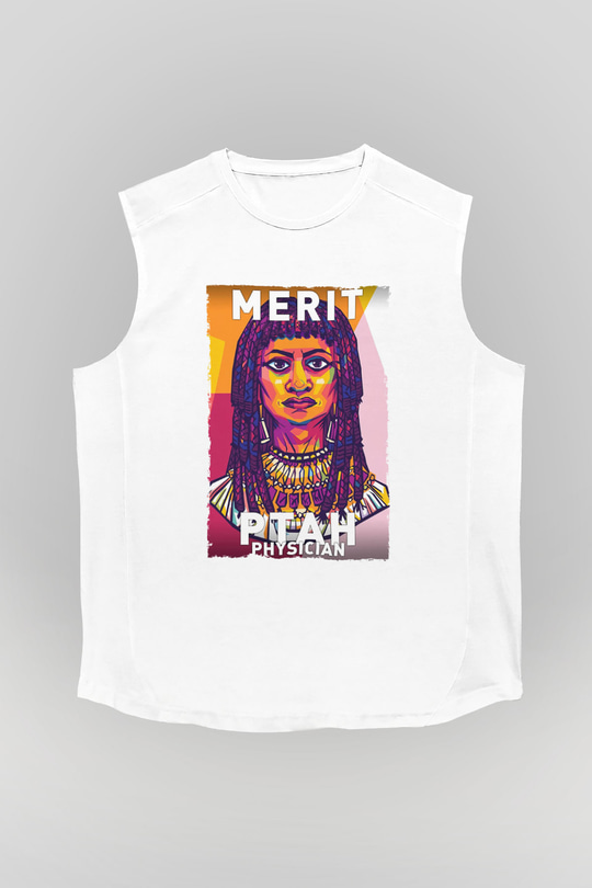 Merit Ptah Baskılı Unisex Kolsuz Beyaz Tişört - Tshirt