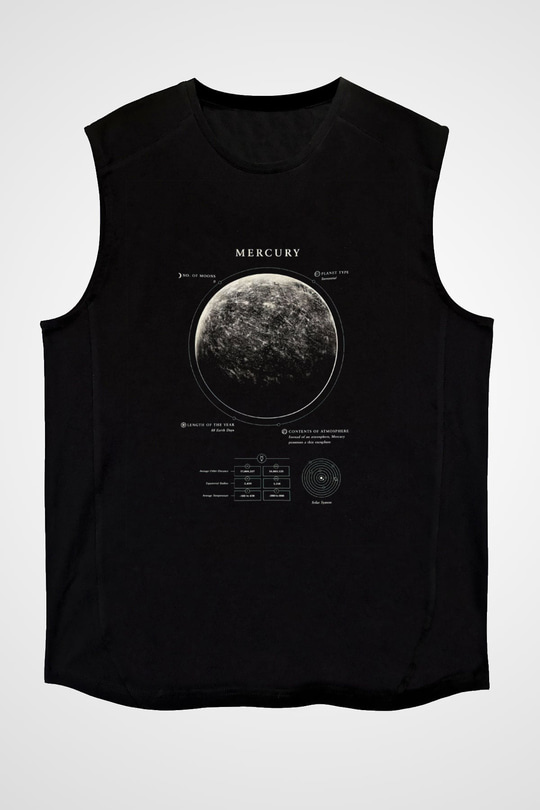 Merkür Fiziksel Özellikleri Baskılı Unisex Kolsuz Siyah Tişört - Tshirt