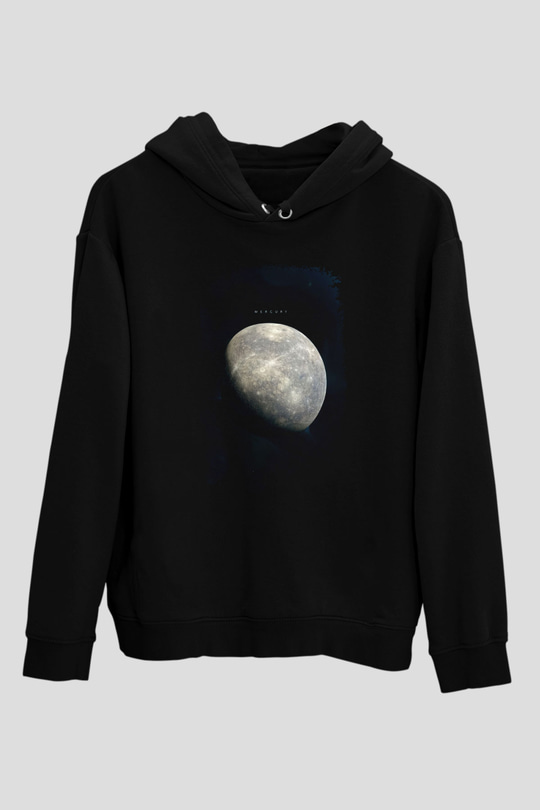 Merkür Fotoğraf Baskılı Unisex Siyah Kapüşonlu Sweatshirt