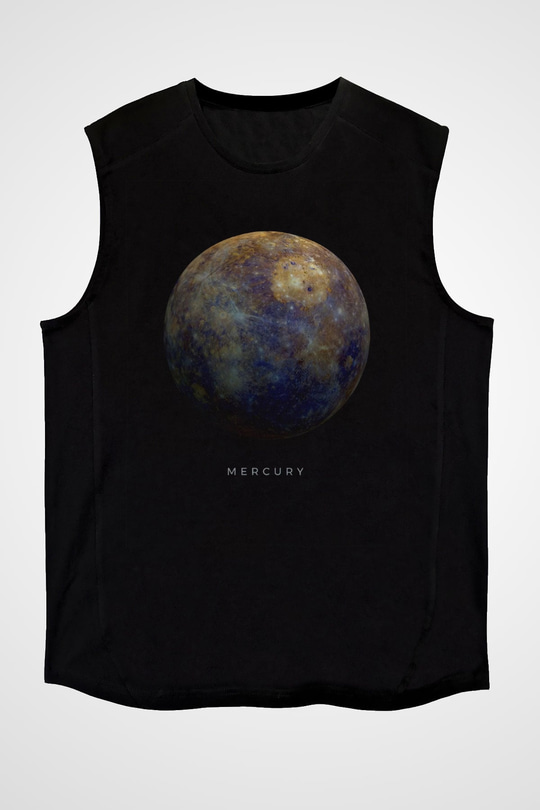 Merkür Gezegen Baskılı Unisex Kolsuz Siyah Tişört - Tshirt
