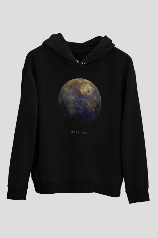 Merkür Gezegen Baskılı Unisex Siyah Kapüşonlu Sweatshirt