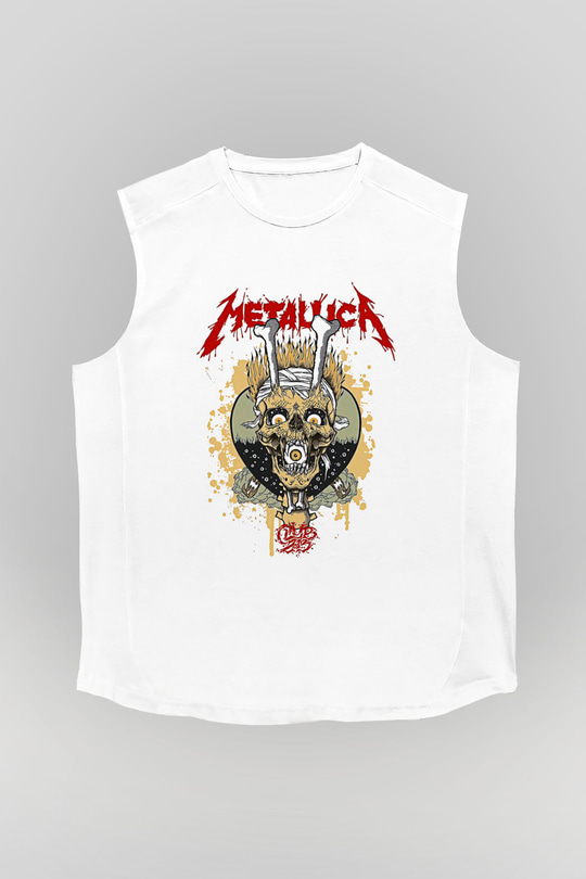 Metallica Baskılı Beyaz Unisex Kolsuz Tişört - Tshirt