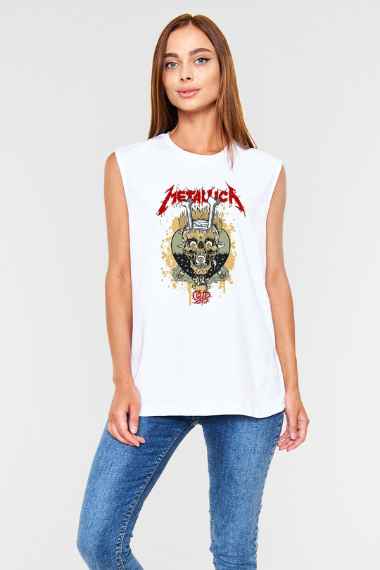 Metallica Baskılı Beyaz Unisex Kolsuz Tişört - Tshirt