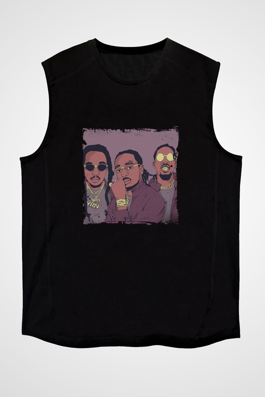 Migos Baskılı Unisex Siyah Kolsuz Tişört