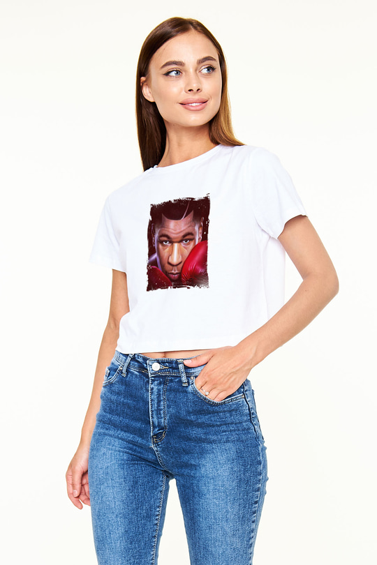 Mike Tyson Baskılı Beyaz Kadın Crop Top Tişört