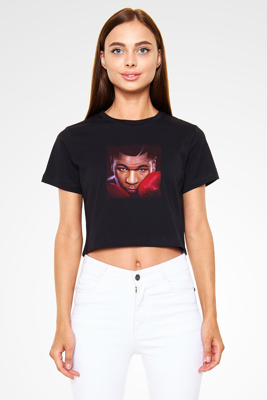 Mike Tyson Baskılı Siyah Kadın Crop Top Tişört