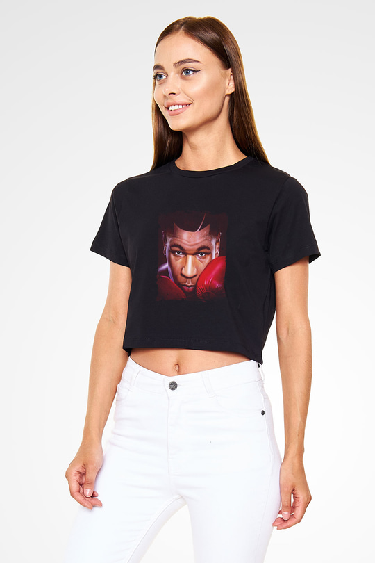 Mike Tyson Baskılı Siyah Kadın Crop Top Tişört