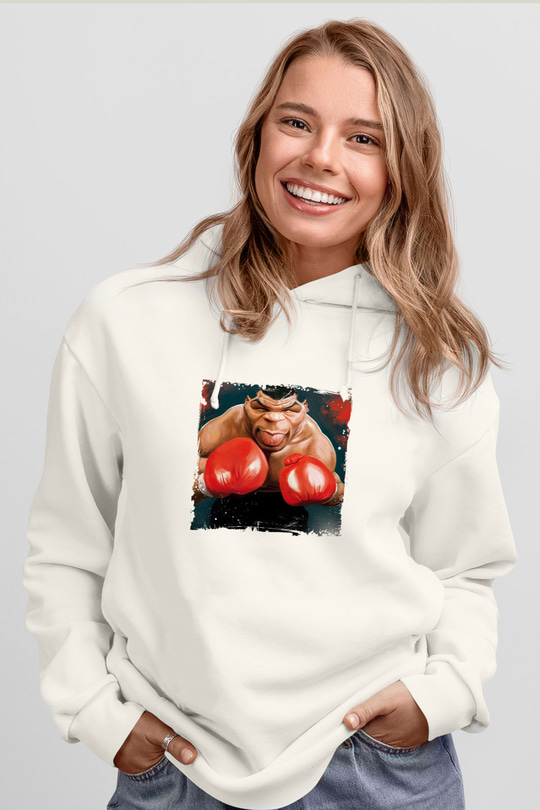 Mike Tyson Unisex Baskılı Beyaz Kapüşonlu Sweatshirt