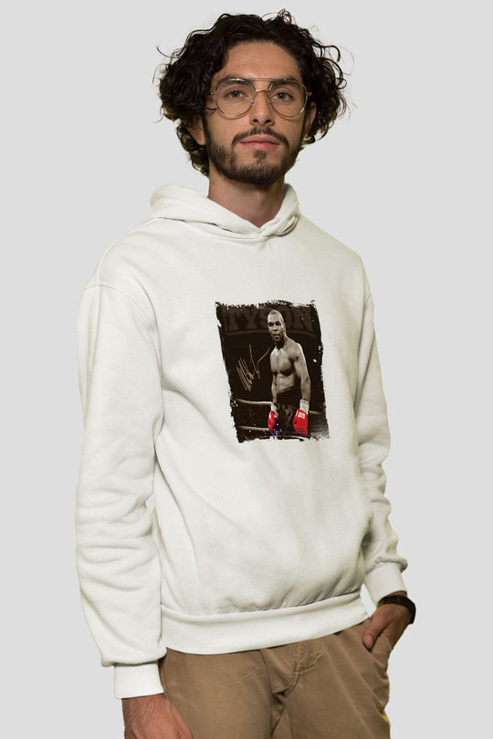 Mike Tyson Unisex Baskılı Beyaz Kapüşonlu Sweatshirt