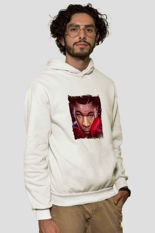 Mike Tyson Unisex Baskılı Beyaz Kapüşonlu Sweatshirt