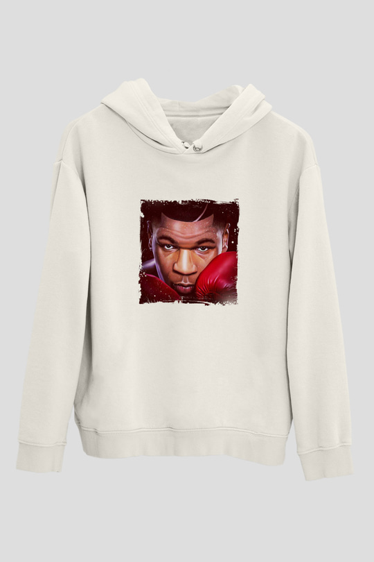 Mike Tyson Unisex Baskılı Beyaz Kapüşonlu Sweatshirt