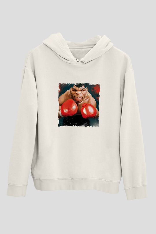 Mike Tyson Unisex Baskılı Beyaz Kapüşonlu Sweatshirt
