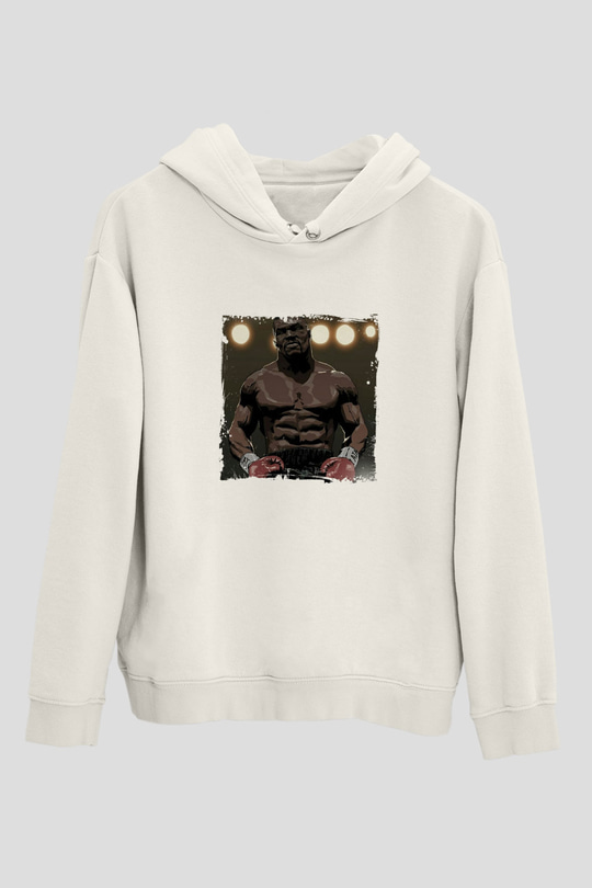 Mike Tyson Unisex Baskılı Beyaz Kapüşonlu Sweatshirt