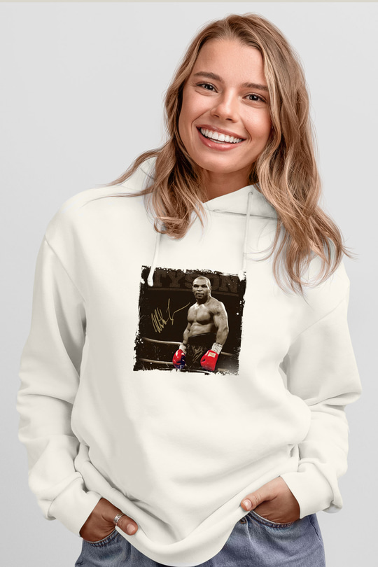 Mike Tyson Unisex Baskılı Beyaz Kapüşonlu Sweatshirt